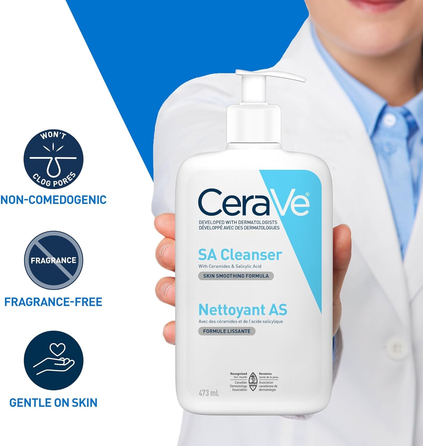 SALICYLIC ACID Cleanser, Renewing SA Smoothing BHA Exfoliant for Face. Suitable for Keratosis Pilaris & Psoriasis. Gentle Cleanser with Hyaluronic Acid, Niacinamide, Vitamin D & Ceramides. Fragrance Free, No Microbeads, 473Ml