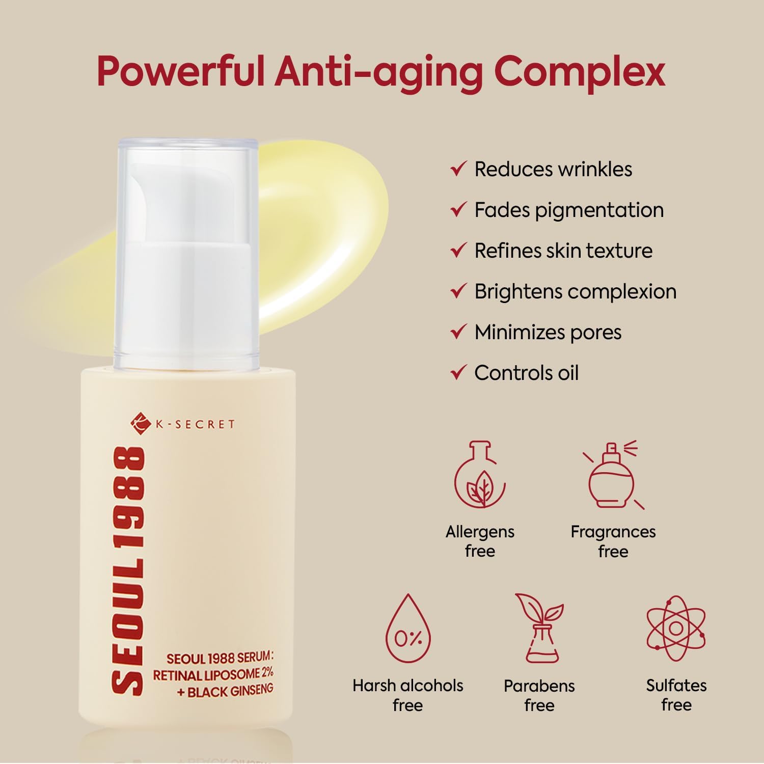 SEOUL 1988 Retinal Serum: 2% Retinal Liposome Black Ginseng Extract Niacinamide Bakuchiol Vitamin C & 3 Peptides for Wrinkle Care - Korean Skincare Fragrance Free Paraben Free Cruelty Free 30Ml