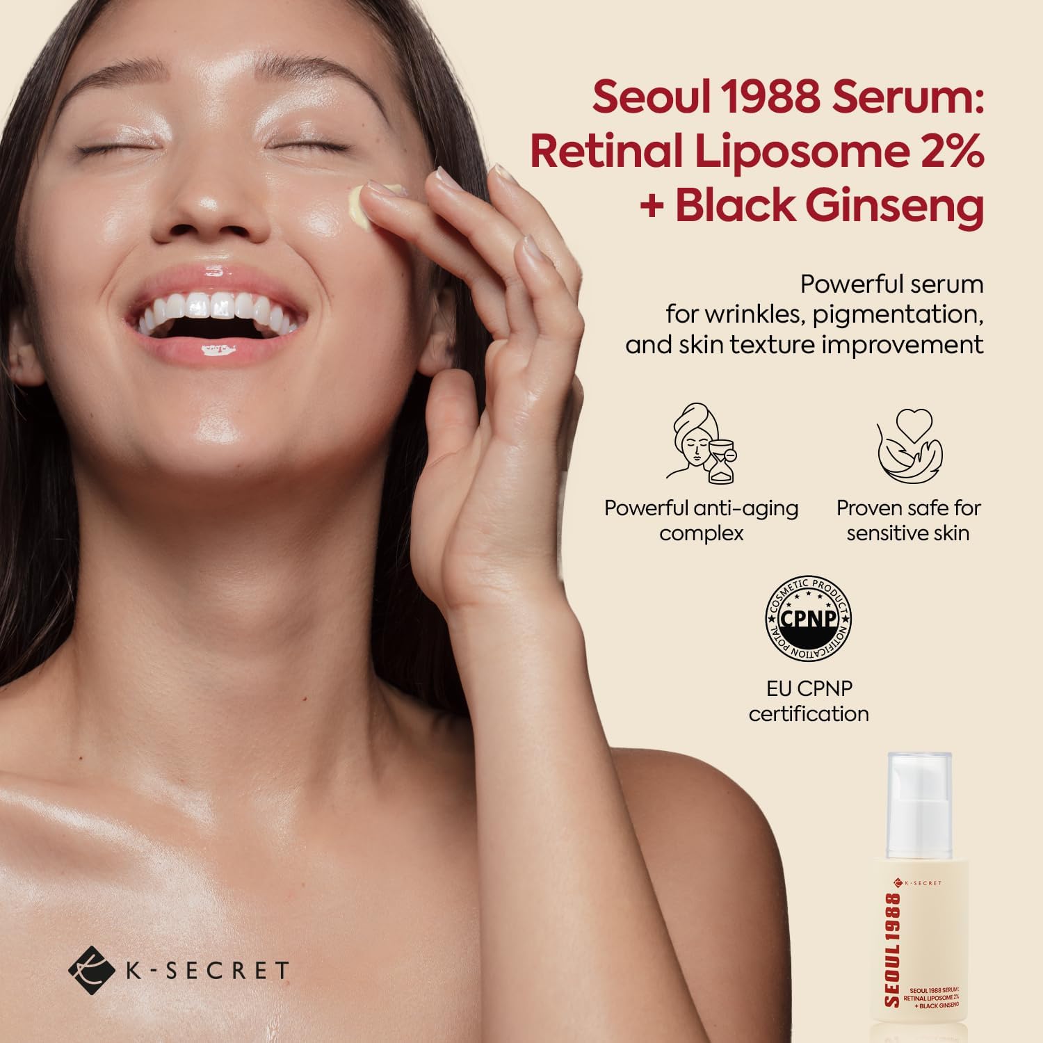 SEOUL 1988 Retinal Serum: 2% Retinal Liposome Black Ginseng Extract Niacinamide Bakuchiol Vitamin C & 3 Peptides for Wrinkle Care - Korean Skincare Fragrance Free Paraben Free Cruelty Free 30Ml